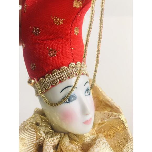 Porcelain Face COURT JESTER Ornament Cushion Ribbon Gold Red Clown Pink Cheeks - Picture 6 of 8